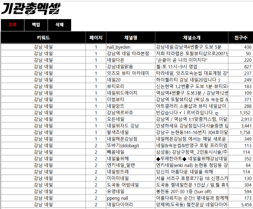 카카오채널 디비 추출기 결과 표 - 키워드별 채널 이름·소개·친구 수