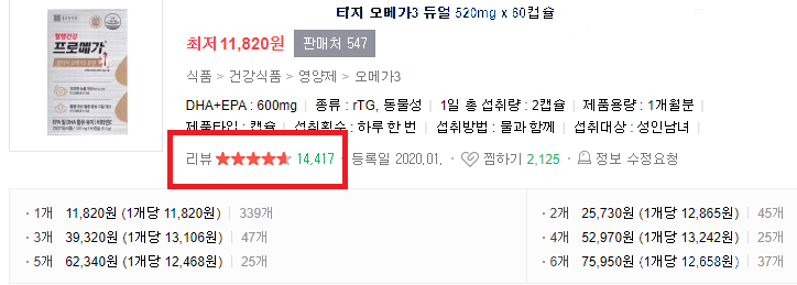 스마트스토어 상품 리뷰 수 1만 4천 개가 넘는 경쟁 상품 화면