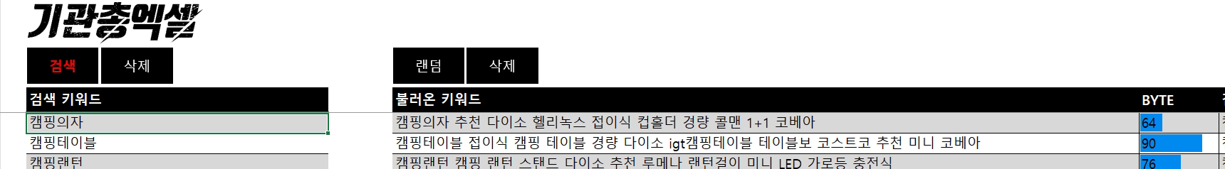 캠핑 키워드마다 자동완성 키워드를 이어 붙여 상품 제목을 만든 제목 생성기 실제 화면
