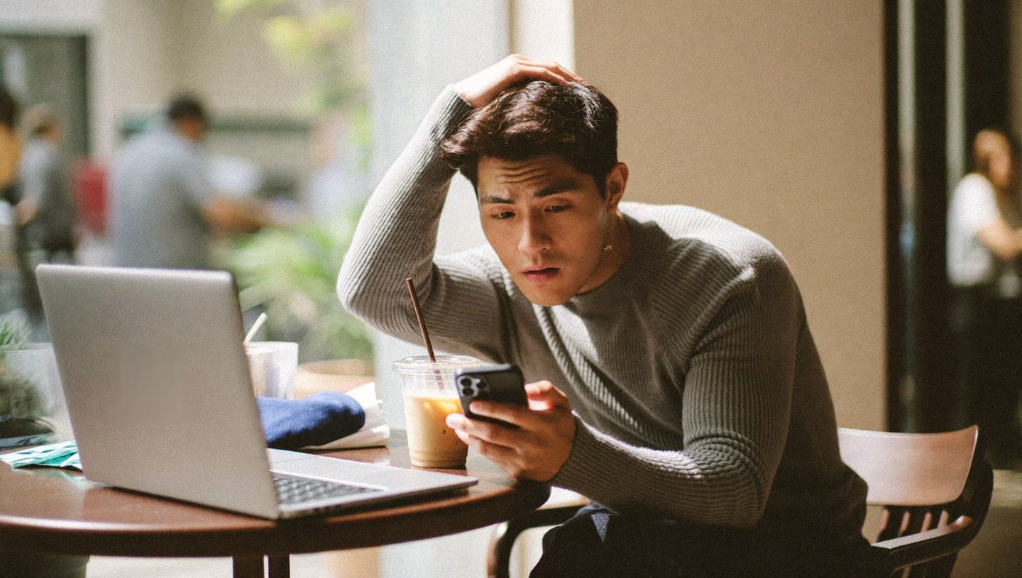 스레드 조회수가 터져 휴대폰을 보고 놀라는 사람
